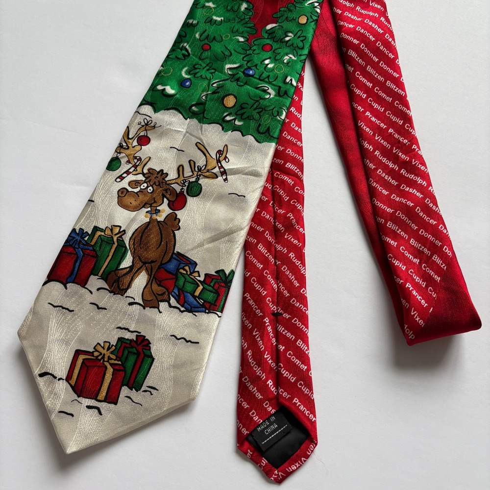 Holiday Tales Reindeer Tree Presents Christmas Holiday Novelty Tie 100% Silk